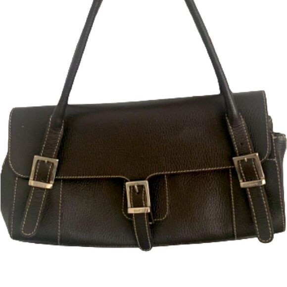 Guia’s Triple Buckle Black Leather Shoulder Bag - Handcrafted Italian Baguette - Picture 1 of 12